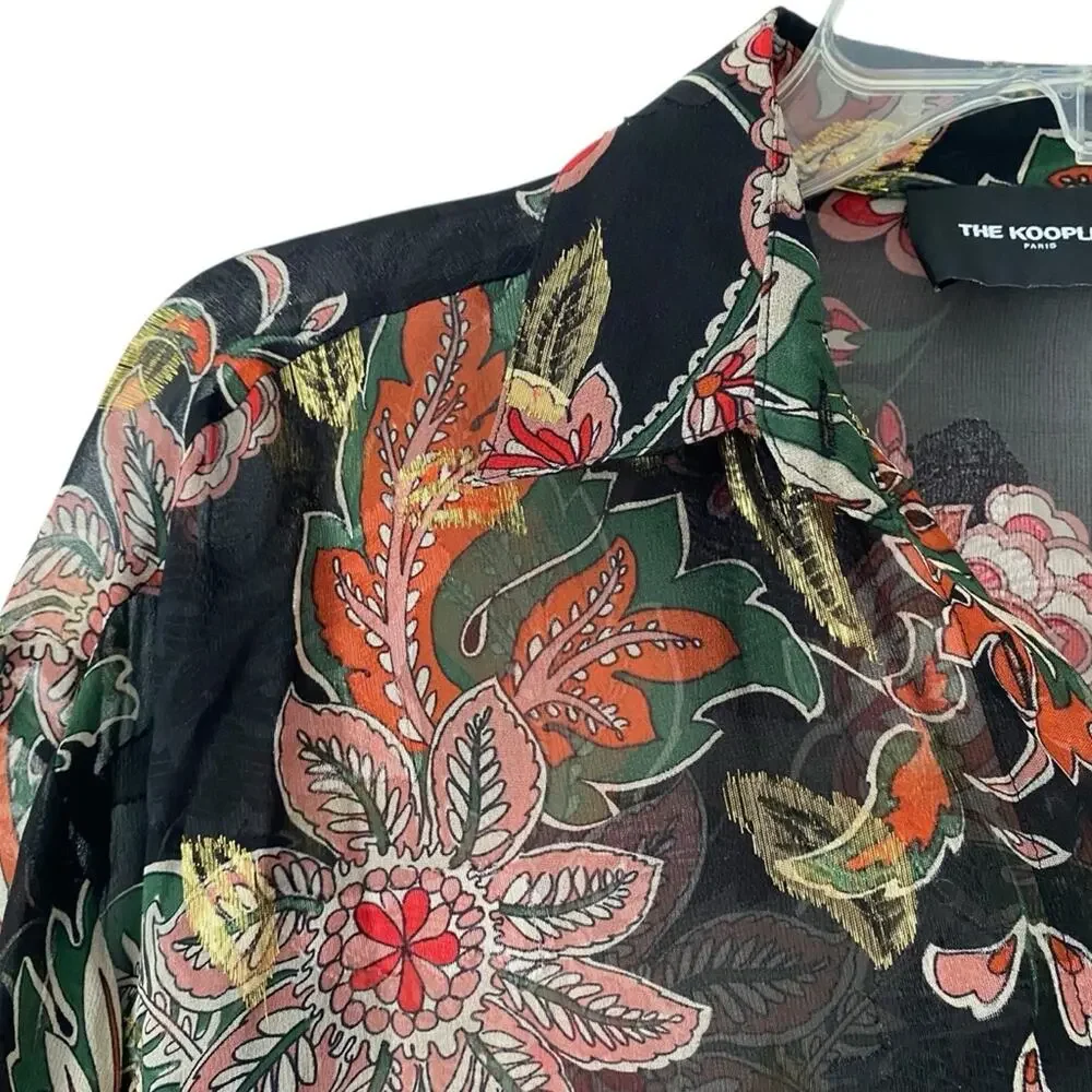 The Kooples Silk Bollywood Black Gold Metallic Floral Print Sheer Blouse small